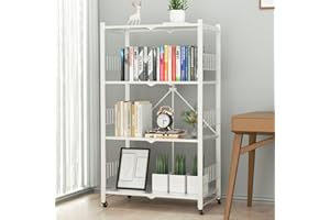MOLYHOM Folding Storage Shelves, 4-Tier Metal Collapsible Shelves with Wheels, Shelving Units and Storage Rack, Rolling Shelf No Assembly…