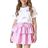 WDIRARA Girl's 2 Piece Bow Outfits Cute Short Sleeve T Shirts and Layered Ruffle Plaid Skirt Set