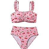 RoseSeek Girl's 2 Piece Cherry Print Swimsuits Ruffle Trim Ruched Bathing Suits Cute Beachwear