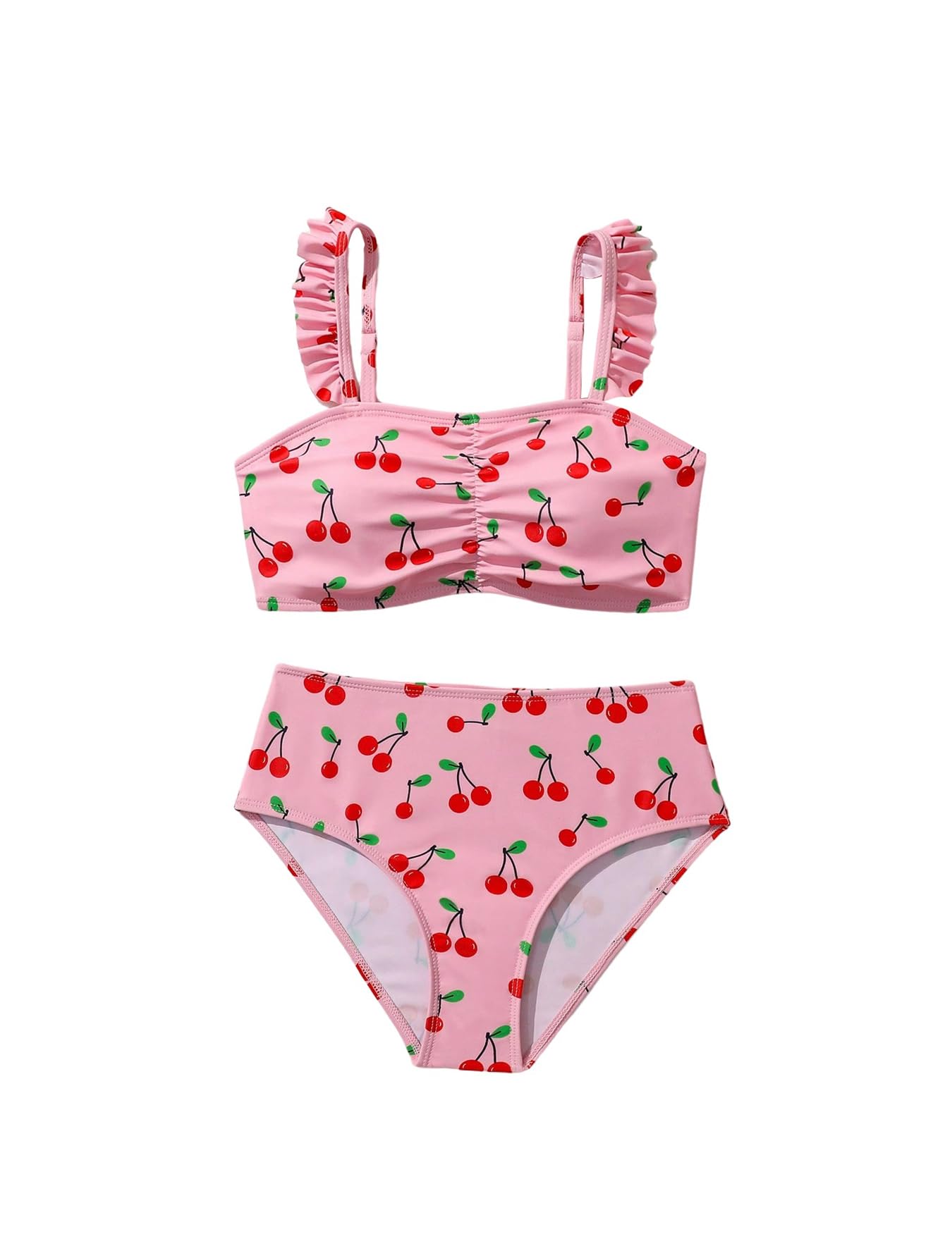 Photo 1 of RoseSeek Girl's 2 Piece Cherry Print Swimsuits Ruffle Trim Ruched Bathing Suits Cute Beachwear Pink 11Y
