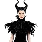 L'VOW Women Gothic Black Feather Cape Shawl with Demon Ox Horns Halloween Crow Queen Costume