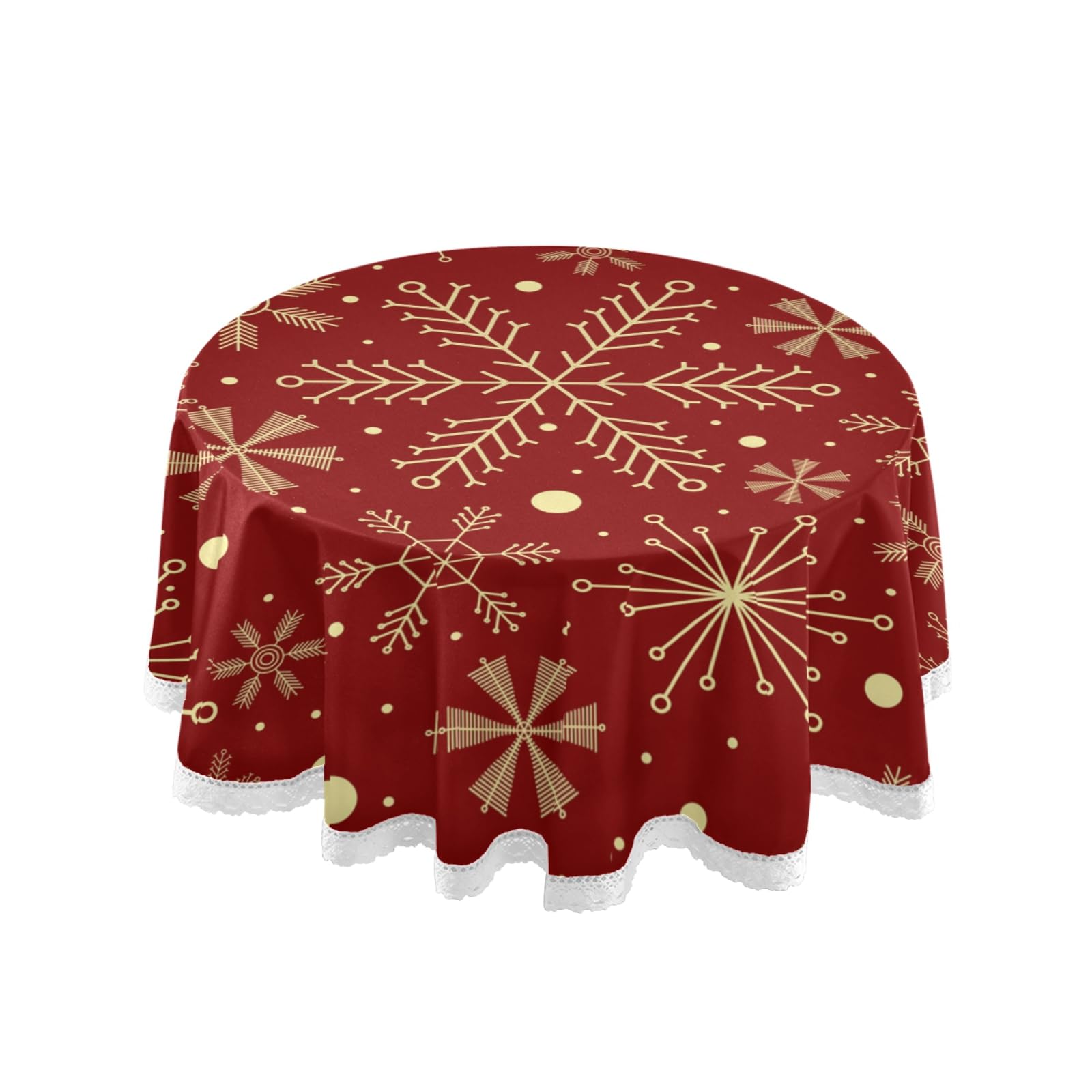 Mnsruu Christmas Snowflakes On Dark Red Round Tablecloths, Circular Table Cover Washable Polyester for Buffet Table, Parties, Holiday Dinner 60 Inch