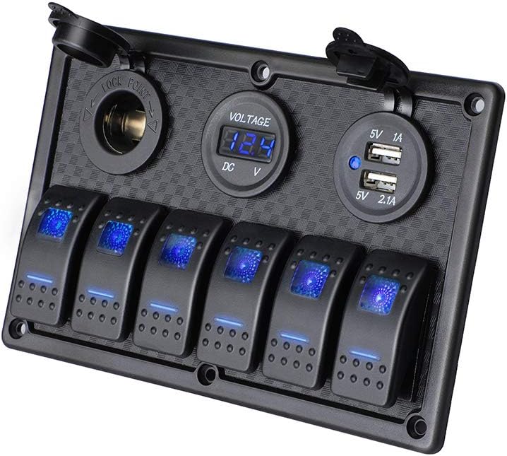 JOYHO 6 Gang Rocker Switch Panel Fuse Panel Waterproof, Digital Voltmeter Display, Dual USB Charger Port DC 12V Power Socket, 12/24V Breaker Switch for RV Marine Car Vehicles Truck Boat, Blue Light : Sports & Outdoors
