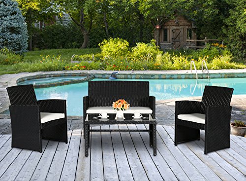Cloud Mountain 4 PC PE Rattan Patio Furniture Set Wicker Outdoor
Backyard Garden Lawn Sofa Cushioned Seat Chat Set, Black