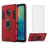 Phone Case for Huawei Mate 20 with Tempered Glass Screen Protector Cover and Magnetic Ring Holder Stand Kickstand Slim Hard Cell Accessories Huwai Hwauei Hawaii Mate20 P20 Boys Women Girls Cases Red