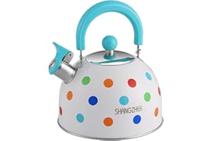 SHANGZHER Cute Polka Dots Tea Kettles Stovetop Stainless Steel Whistling Kettle Tea Pots for Stove Top 2.6 Quart / 2.5 Liter Blue