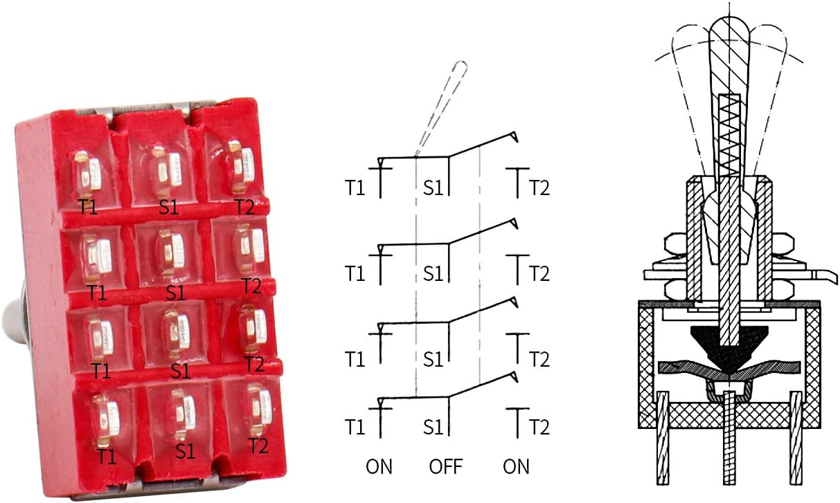 Heschen Miniature Toggle Switch, MTS-403, ON-OFF-ON, 4PDT, 12 Pin, 2A 250V, 5A 125V, Pack of 2 (MTS-403), Red - Image 5