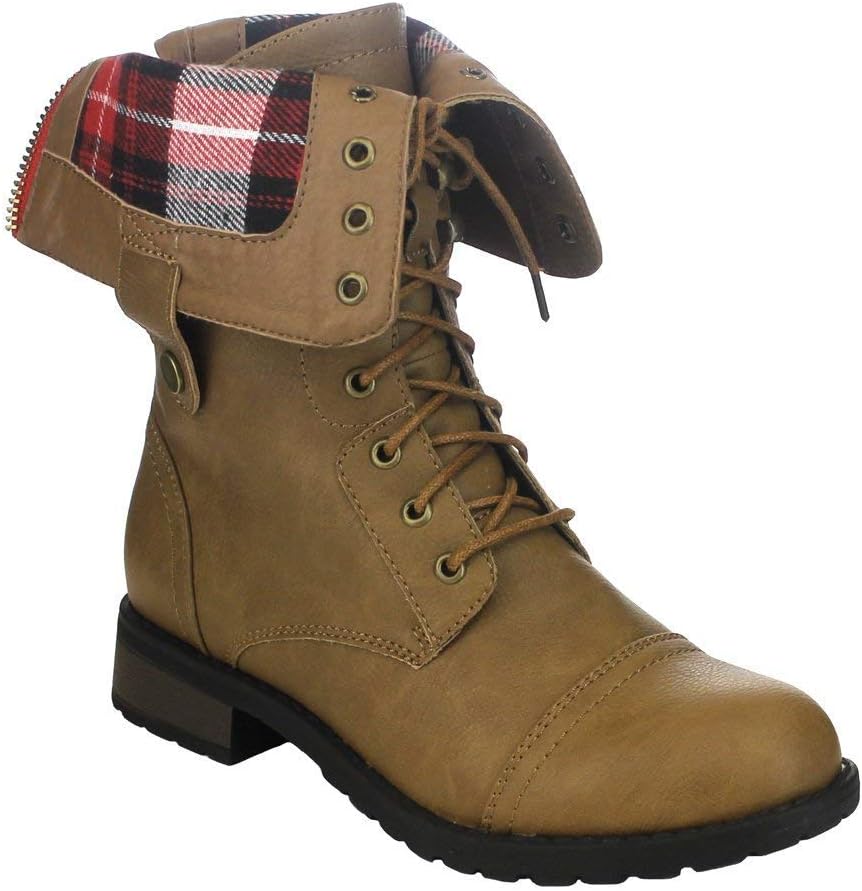 ShoBeautiful Women's Combat Military Fold-Over Cuff Lace Up Mid Calf Boots Winter Motorcycle Booties TA01