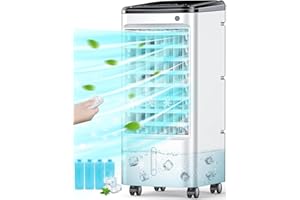 TEMEIKE Swamp Cooler Air Conditioner, 3-IN-1 Evaporative Air Cooler w/ 4 Modes & 3 Speeds, 12H Timer & Remote & Dual Water Tank, 65° Oscillating Air Conditioner Portable for Room Bedroom Home Indoor