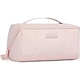 NISHEL Travel Makeup Bag for Women, Fluffy & Lightweight Open Flat Cosmetic Organizer with Multiple Functional Divider for Brush Independent Storage, Handle for Easy Portability, Pink