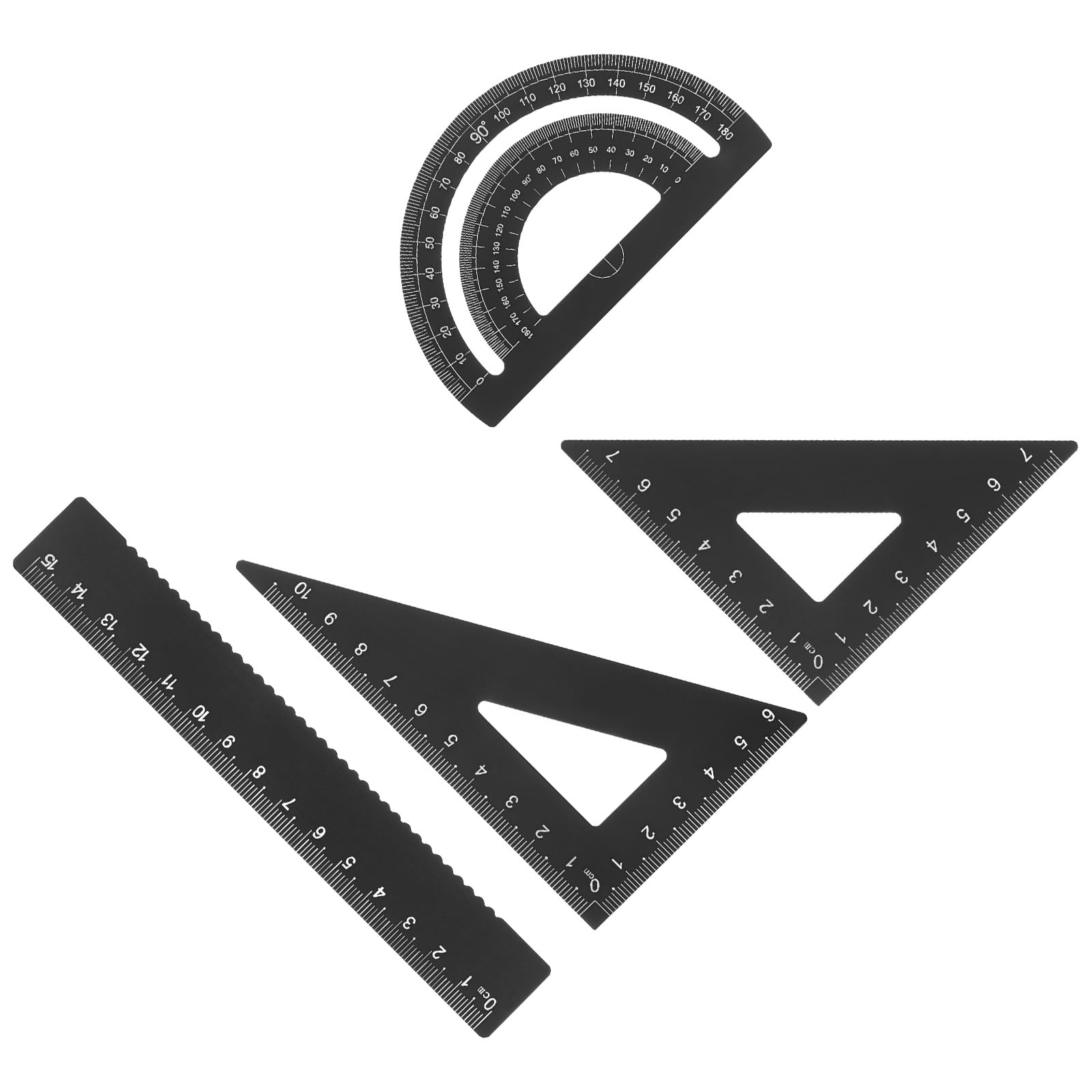 Kozelo 4pcs Geometry Set - [15cm Ruler] Aluminum Alloy Precise Measurement Laser Engraving Math Set Black for Office Classroom Use, 180 Degree Protractor 7cm Triangle 10cm Triangle