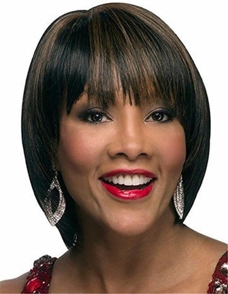 Bob Style Short Straight Wigs With Bangs Ombre Black Brown Heat Resistant Full Hair Wig for Women Cosplay Party Gift