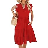 Womens Summer Dress Ruffle Sleeve V Neck Midi Dresses Casual Fit Flowy Tiered Boho Beach Vacation Sundress