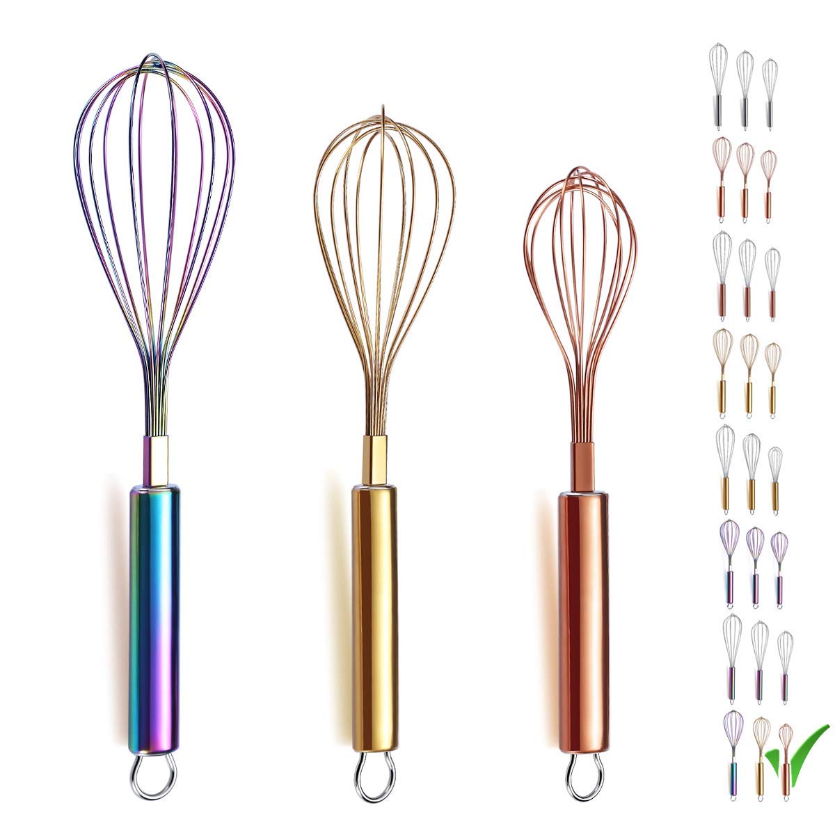 Berglander 3 Pack Stainless Steel Whisks 8" Gold Whisk, 10" Rose Gold Whisk, 12" Rainbow Whisk, Wire Whisk Set Kitchen Whisk (Pack of 3)
