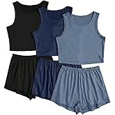 OYOANGLE Women's 6 Piece Summer Pajama Set Crop Tank Top and Shorts Pjs Lounge Set Sleepwear