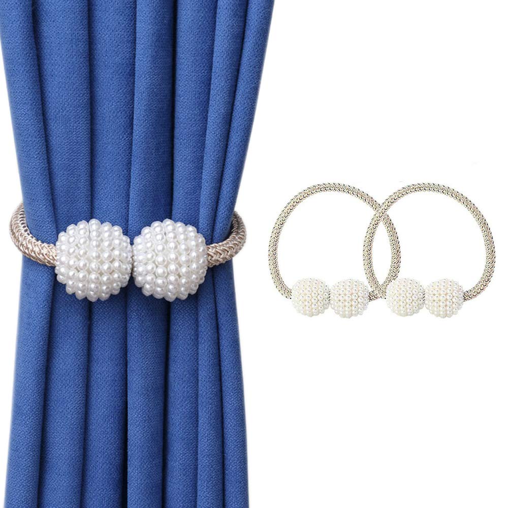 Magnetic Curtain Tie Backs, Magnetic Curtain Clips Rope Curtain Holder Buckles Small Bead Curtain Buckle Clips Rope Holders for Home Office Hotel Window Decoration (2-PACK, Beige)