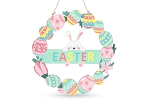 ANTIZZ Easter Wreaths for Front Door, Colorful Eggs Happy Bunny Easter Welcome Sign Decorations for The Home Easter Spring Holiday Wooden Hanging Decor for Front Porch Window Wall Farmhouse Indoor Outdoor