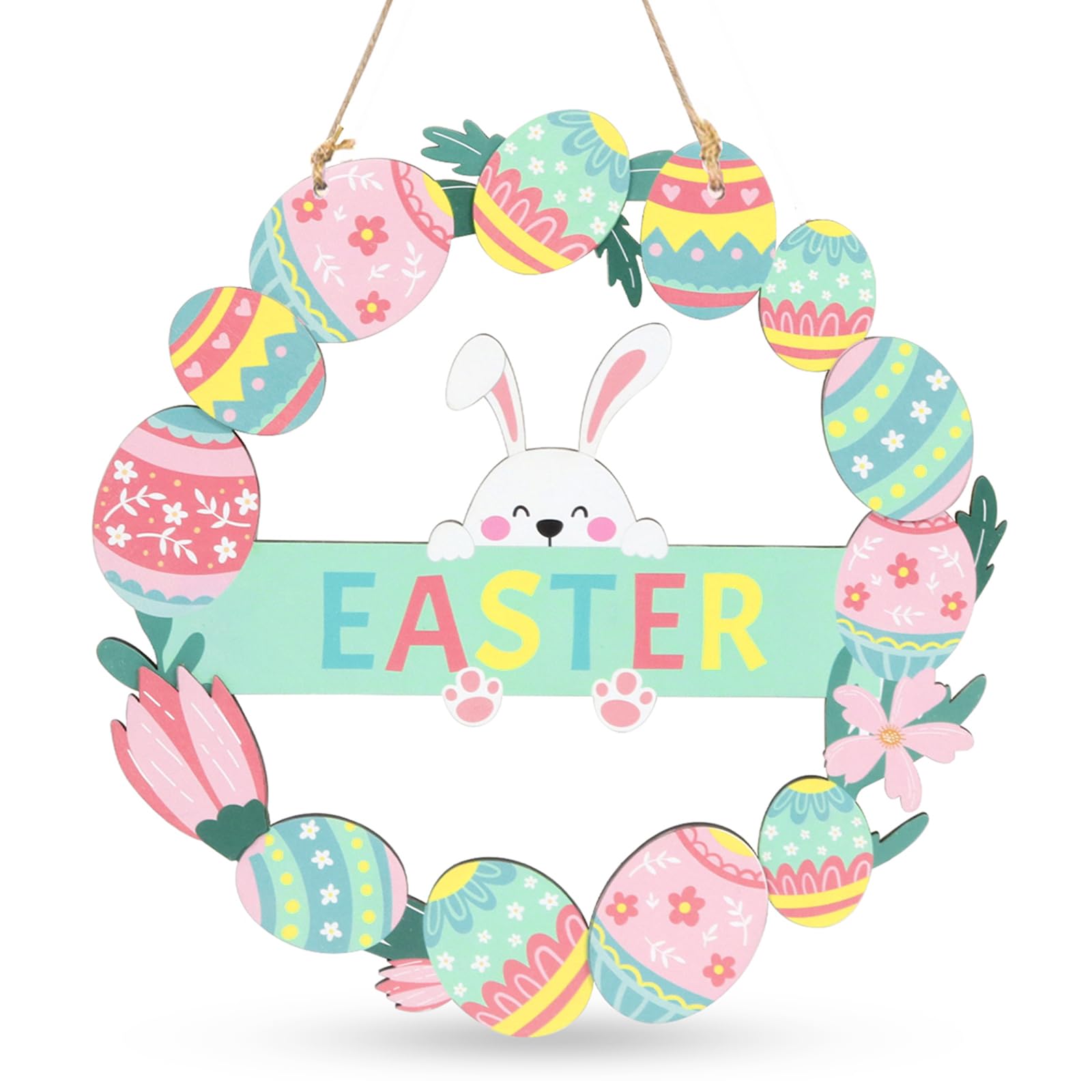 Easter Wreaths for Front Door, Colorful Eggs Happy Bunny Easter Welcome Sign Decorations for The Home Easter Spring Holiday Wooden Hanging Decor for Front Porch Window Wall Farmhouse Indoor Outdoor