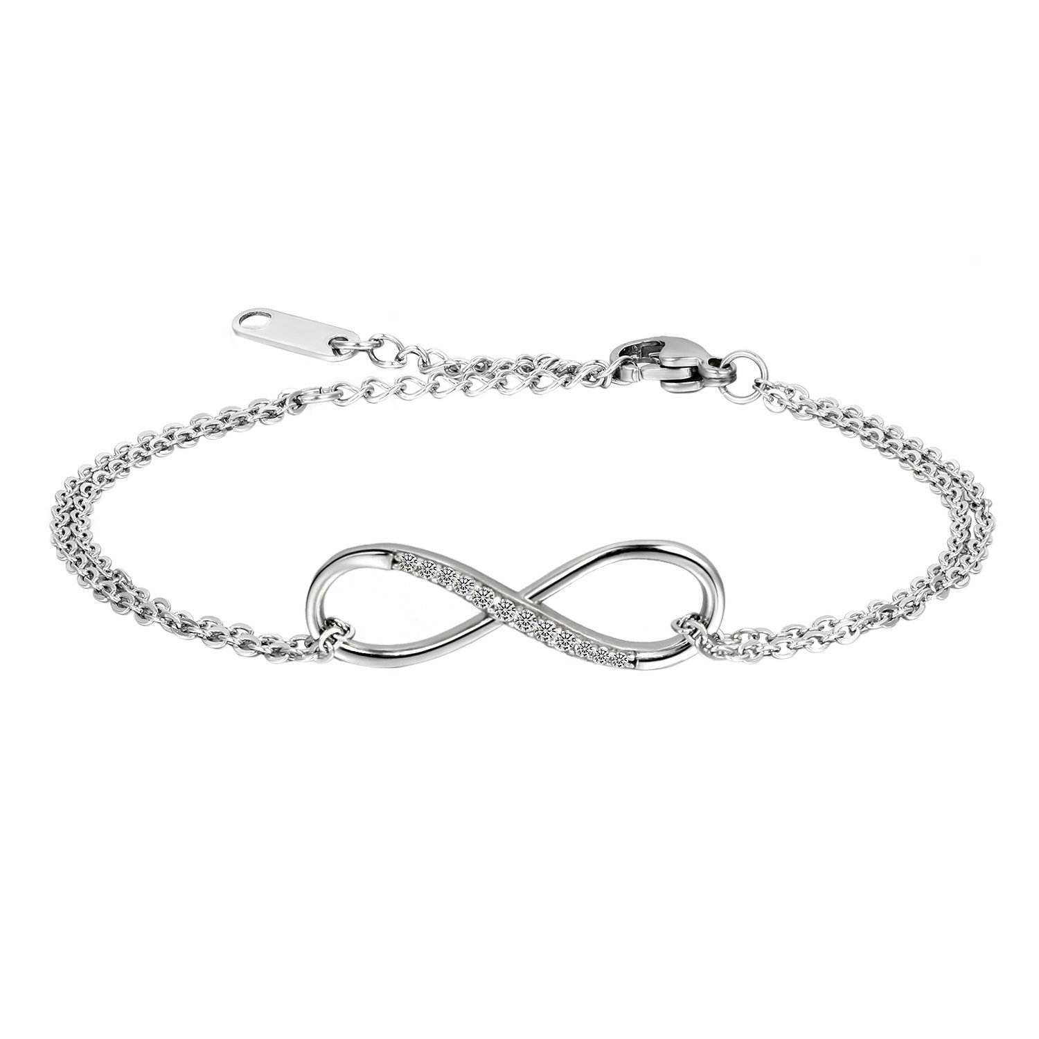 Oidea Stainless Steel Ininfiy Bracelet Shiny Cubic Zirconia Inlaid for Women,Silver,6.5 Inch