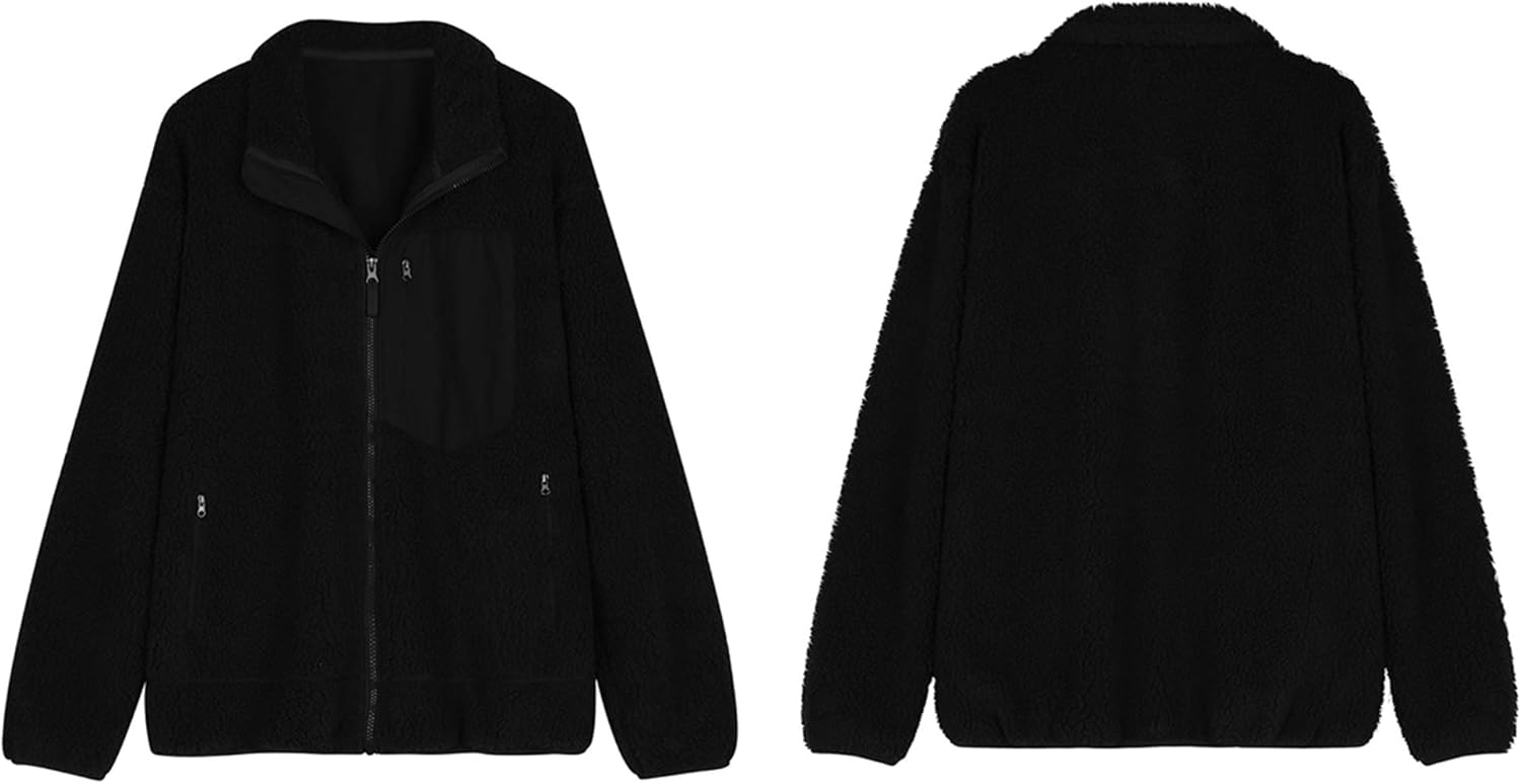Kisscynest Women's Full Zip Fleece Jacket Stand Collar Fuzzy Fluffy Warm Winter Sherpa Coat: Clothing
