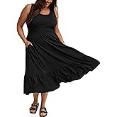 TIMOCHALA Women Plus Size Summer Midi Dress - Smocked Waist Beach Vacation Sleeveless Dresses with Pockets