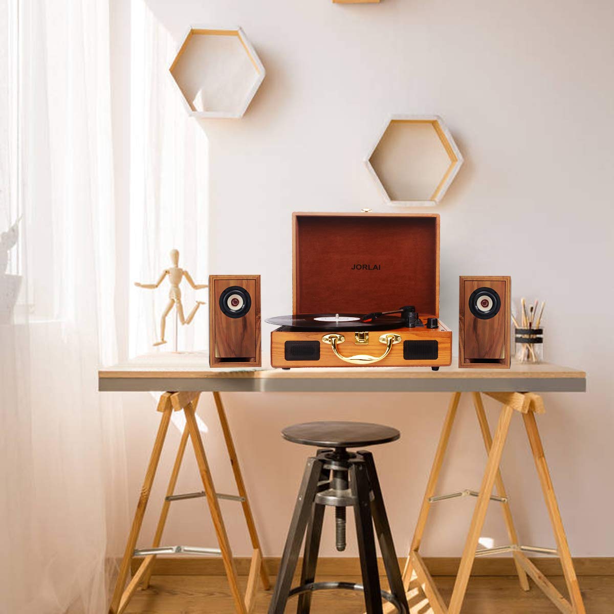JORLAI Vinyl Record Player, 3 Speed Suitcase Turntable with Built-in Speakers, PC Recorder, Headphone Jack, RCA line Out - Wood