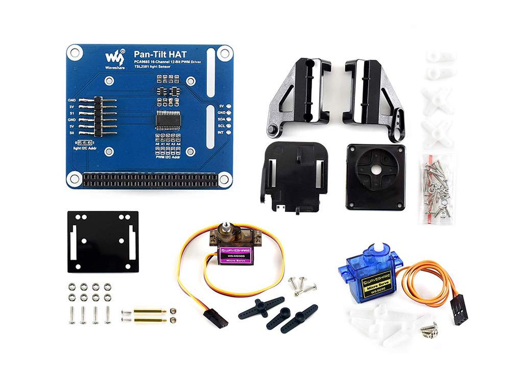 Waveshare 2-DOF Pan-Tilt HAT for Any Version of Raspberry Pi/Jetson Nano Onboard PCA9685 PWM Chip and TSL2581 Ambient Light sensor for Camera Moving and Light Intensity Sensing