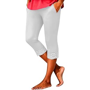 Capri Pants for Women Trendy Dressy Causal Stretchy Capris Leggings Floarl Lace Cropped Pants Summer Yoga Clothes