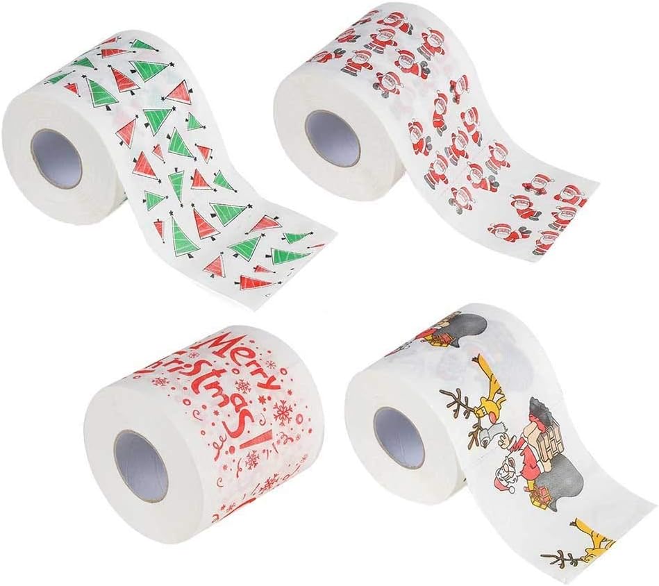 Fullyday Christmas Toilet Roll Paper, 4 Roll Household Santa Claus Toilet Tissue, Funny Home Roll Paper for Xmas Decor