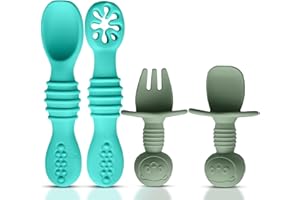 HippoBaby 4pc Silicone Baby Spoons Self Feeding Baby Utensils 6-12 Months - 3 Baby Spoon - 1 Baby Fork - Toddler Cutlery Set - BPA Free, Dishwasher Safe - Baby Eating Essentials (Turquoise/Pickle)