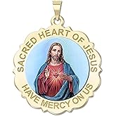 PicturesOnGold.com Sacred Heart of Jesus Scalloped Religious Medal Color - 1 Inch Size of a Quarter -Solid 14K Yellow Gold WITH ENGRAVING