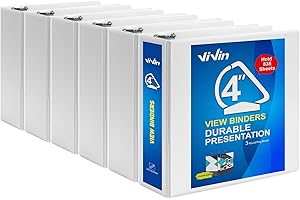 ViVin Durable 4 inch D Ring View Binder, Large 4" Slant-D Ring with 835-Sheet Capacity, Fit 8.5" x 11" Paper, 6 Pack(White)