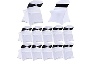 MAGTOWNE 10 Pack White Folding Chair Covers with 10 Pack Black Chair Sashes, Black Sashes for Chairs, 20 Pack White Folding Chair Cover Sets