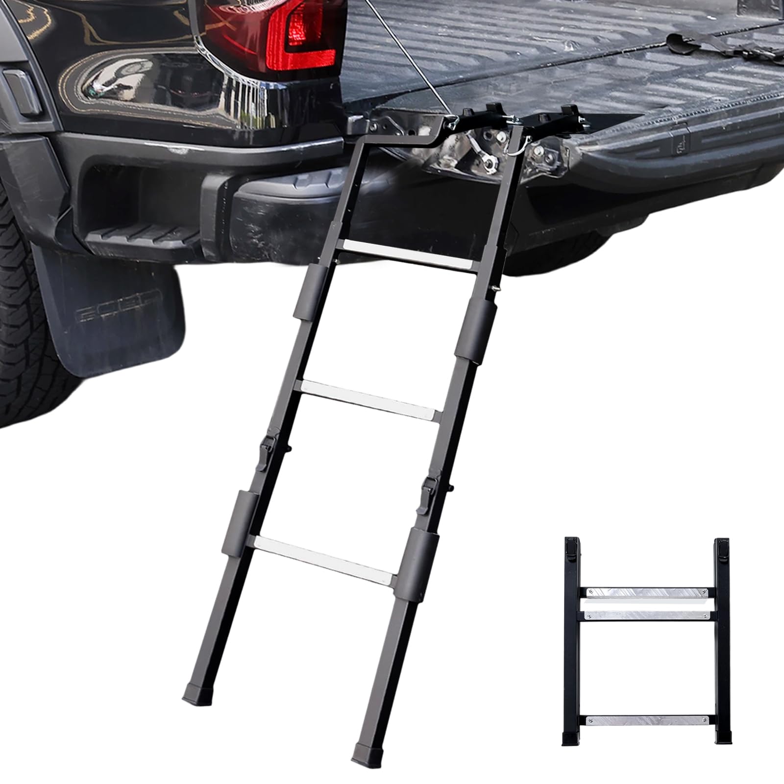 Photo 1 of Foldable Tailgate Ladder for Pickup Truck, Universal 37"-45" Height Adjustable Tailgate Step with Non-Slip Pedal, Heavy Duty Durable Truck Ladder for Ford Dodge Ram Hilux Chevy GMC, Capacity 350 lbs