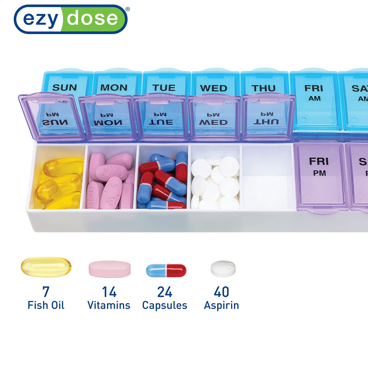 EZY DOSE Weekly (7-Day) AM/PMPill Case, Medicine Planner, Vitamin Organizer Box, Large Compartments, 2 Times a Day, Blue and Purple Lids, BPA Free EZY DOSE Weekly (7-Day) AM/PMPill Case, Medicine Planner, Vitamin Organizer Box, Large Compartments, 2 Times a Day, Blue and Purple Lids, BPA Free