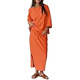 Tankaneo Womens 2 Piece Skirt Sets Oversized 3/4 Sleeve Top and Maxi Skirt Fall Matching Outfits Travel Vacation Set
