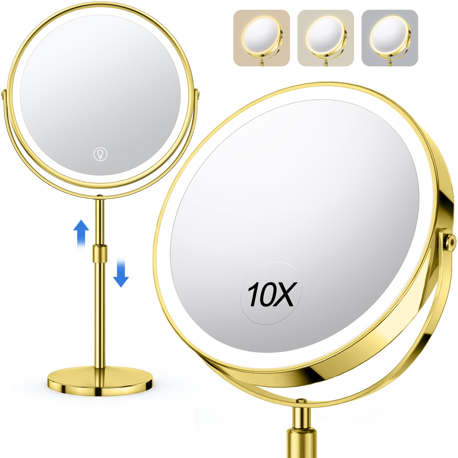Photo 1 of 10X Large Rechargeable Height Adjustable Vanity Mirror, 1x/10x Magnifying Mirror with 3 Color, Brightness Adjustable, 360 Rotation Double Sided, Ideal Gift (Gold)