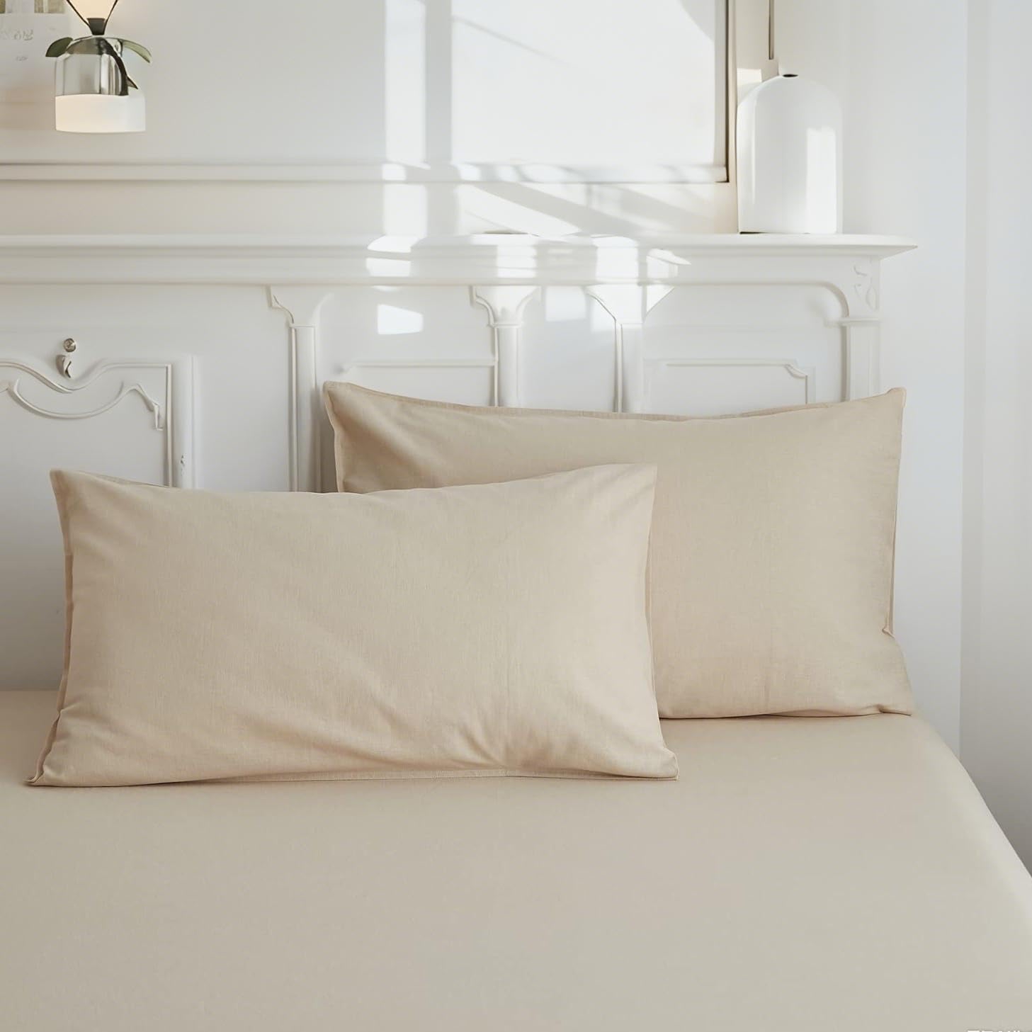 Simple&Opulence Pillowcases, 55% Linen 45% Cotton Blend Hotel Quality Durable Pillow Protector, Pack of 2 Breathable Pillow Cover with Envelope Closure,Linen/Beige,50 x 75 cm
