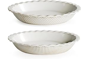 getstar Ceramic Pie Pan Set of 2, 9 inch Pie Dish for Baking, Non-Stick, Oven & Dishwasher Safe, Farmhouse Decor Quiche Baking Dish, Pie Plate, Deep Dish Pie Pan (Embossed Stripes+Dots)
