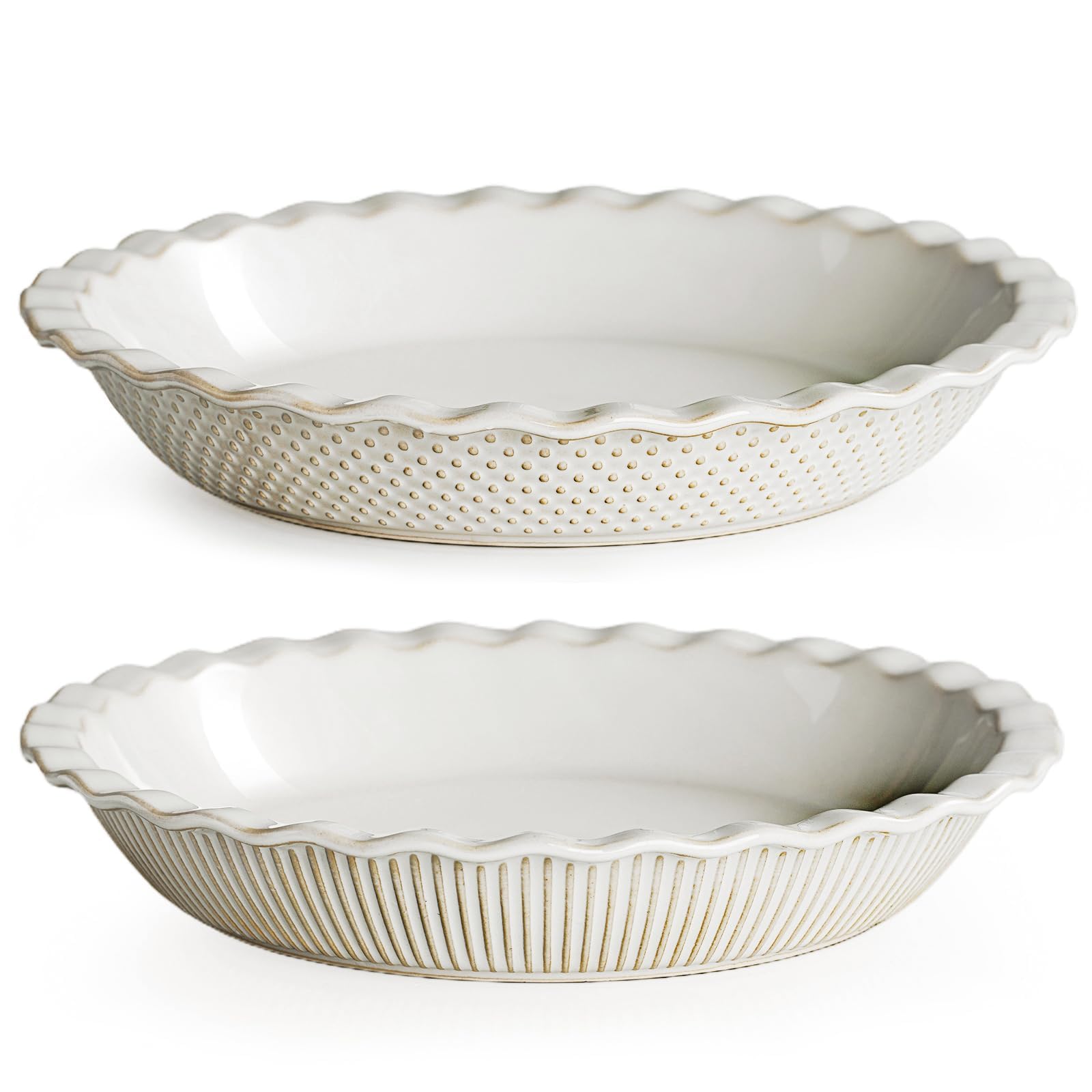Photo 1 of getstar Ceramic Pie Pan Set of 2, 9 inch Pie Dish for Baking, Non-Stick, Oven & Dishwasher Safe, Farmhouse Decor Quiche Baking Dish, Pie Plate, Deep Dish Pie Pan (Embossed Stripes+Dots)