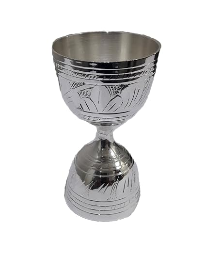 PARIJAT HANDICRAFT Handcrafted Solid Brass Hand Embossed Chromium Coated Peg Shot Glass Cocktail Measure Jigger, 30 and 60 ml (Silver)