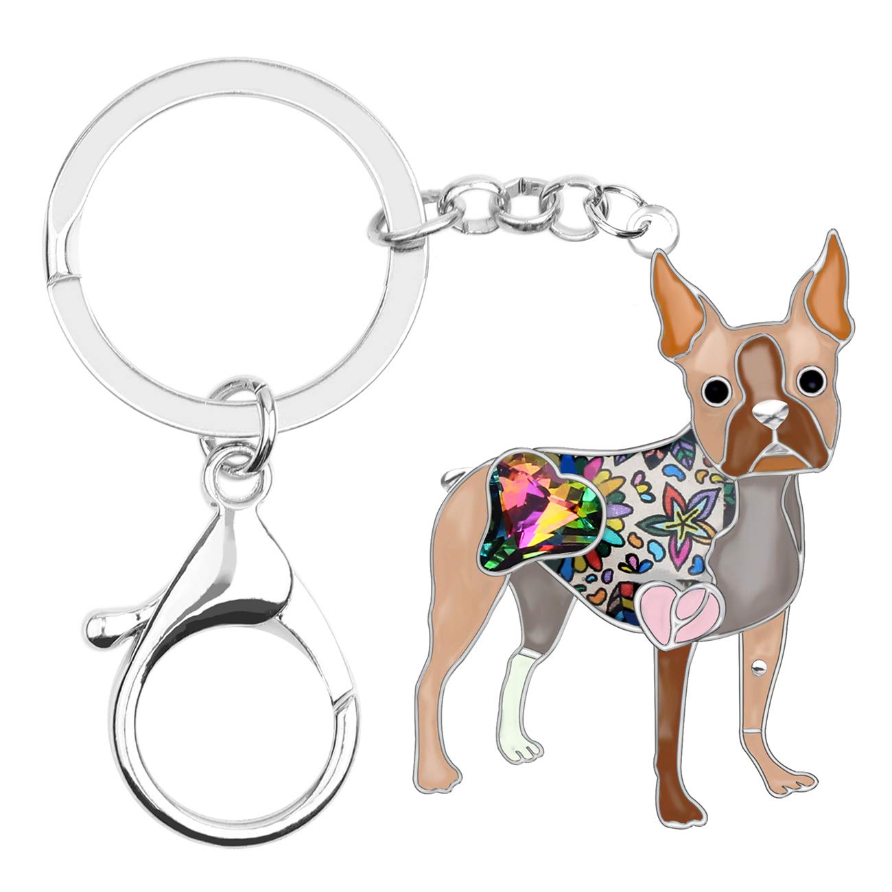 BONSNY Enamel Metal Heart Rhinestone Boston Terrier Dog Key Chains For Women Kids Car Purse bag Rings Charms Pets Gift (Brown)