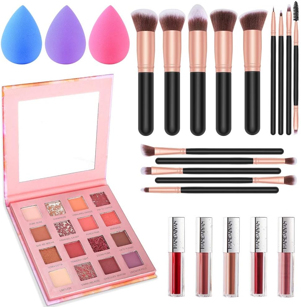 Beauty Gift Set Makeup Brush Set 14 PCS Eyeshadow Palette 16 Colors Shimmer Matte 5PCS Moisturize Velvet Liquid Lipstick Lip Gloss 3 PCS Soft Makeup Sponges Cosmetic set