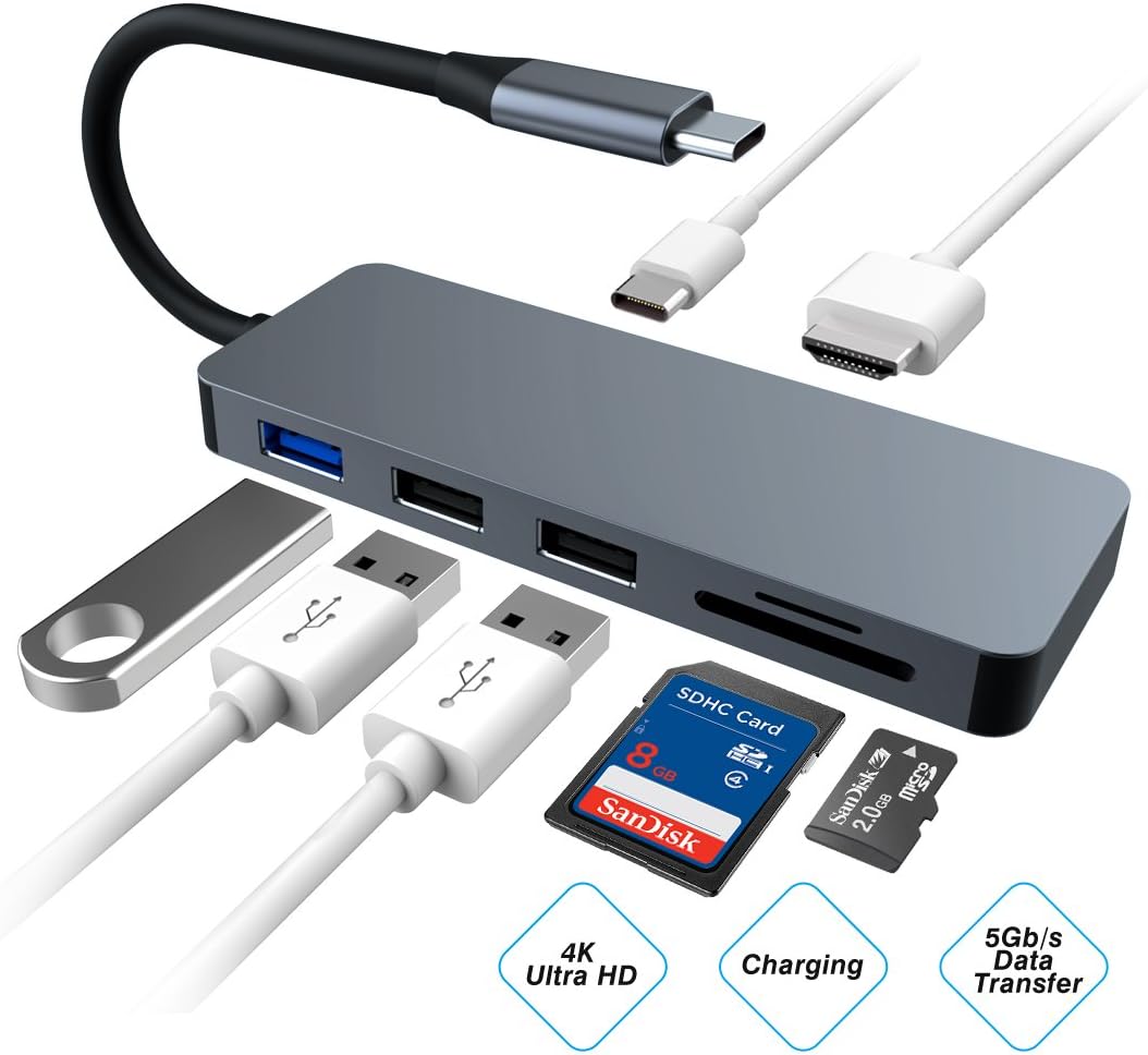 USB C Hub, 7 in 1 Type C to HDMI 4K Adapter with 3 USB Ports SD/TF Card Reader for New MacBook/MacBook Pro 2016/2017,HP Spectre X360/Dell XPS,Samsung Galaxy S8 and more