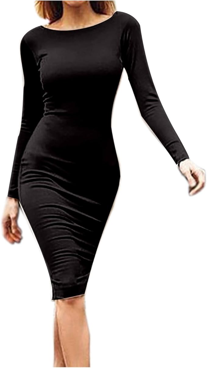 Long Sleeve Slim Dress for Women Sexy Back Zipper Tight Vintage Maxi