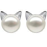 Wicary Cat Earrings Sterling Silver Pearl Earrings for Women Cat Stud Earring for Cat Lovers