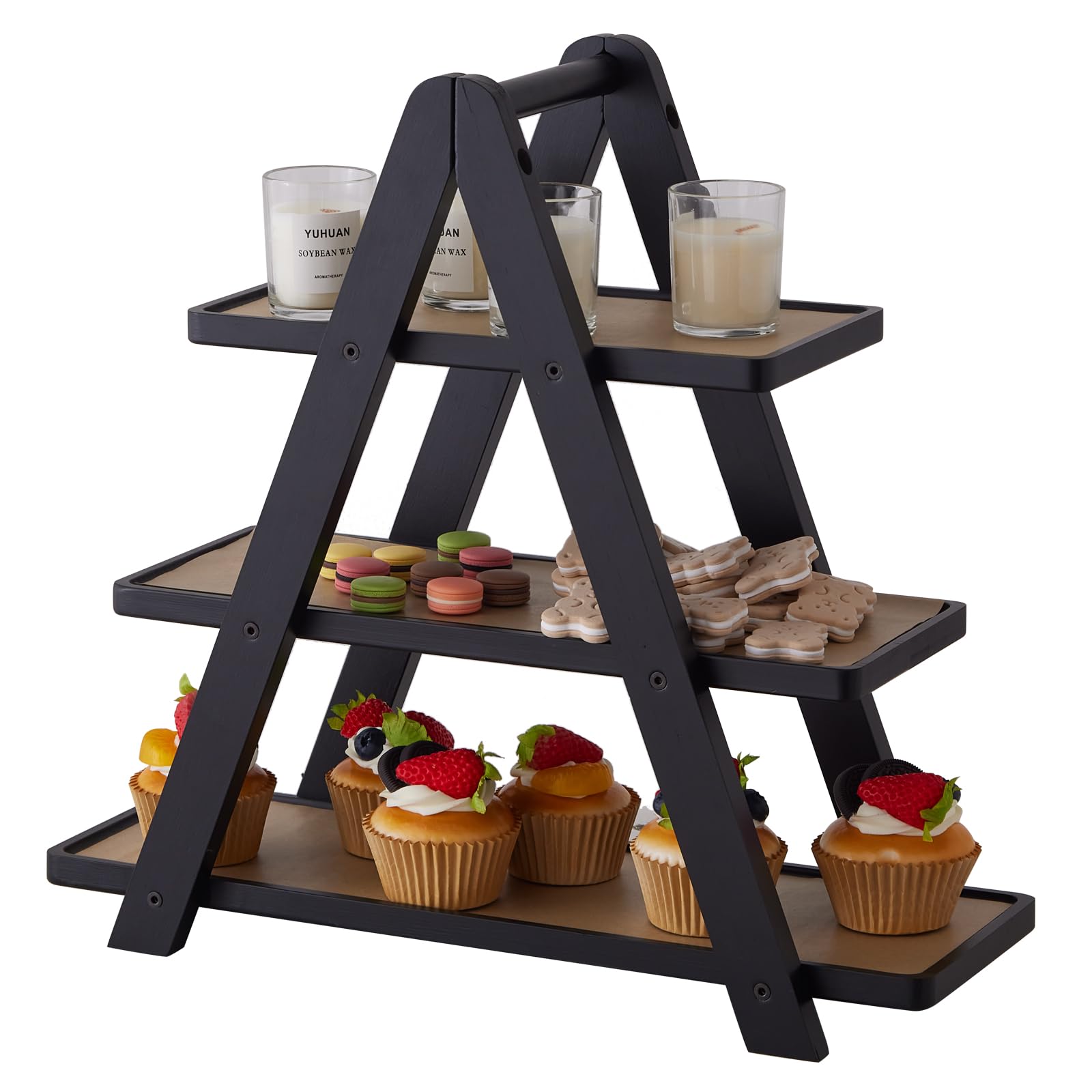 Photo 1 of 3 Tier Serving Tray, Cupcake Stand,Party Serving Decorative Tray Decor with 3 Bamboo Serving Platters for Fruit Dessert Presentation (Black)