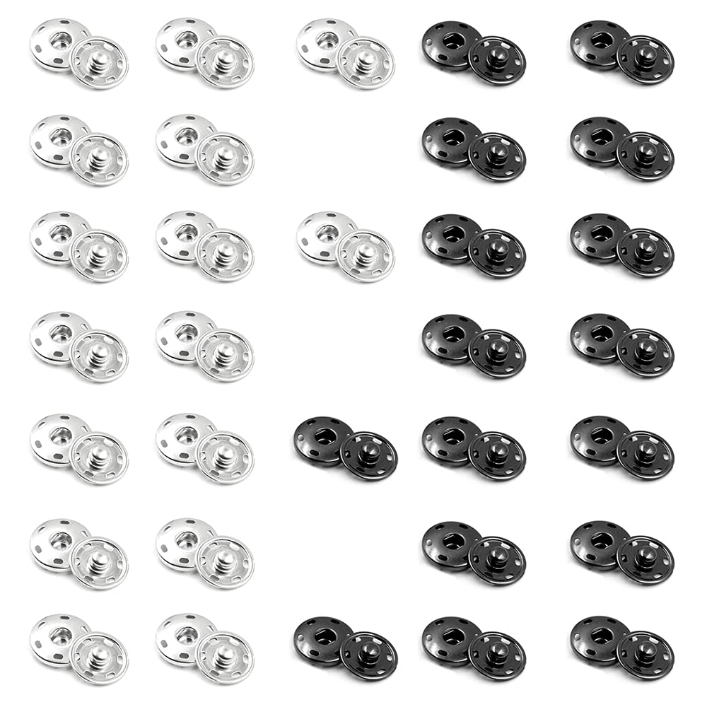32 Sets Sew-on Snap Buttons,Press Studs Snaps Fasteners Buttons Black Silver Press Studs for Clothes Purse Handbag Craft DIY Supplies(10mm)