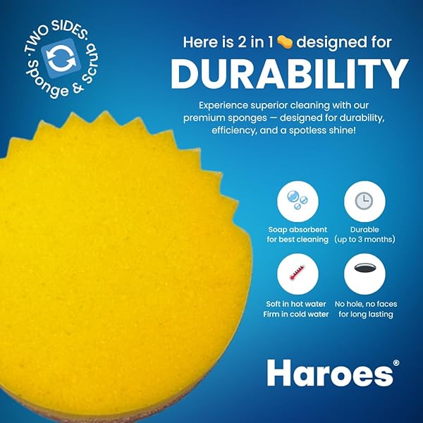 HAROES NON SCRATCH PREMIUM KITCHEN SPONGES – PACK OF 3 – SCRUBBER & DOUBLE SIDED SPONGE – NO HOLES – MULTIPURPOSE, DISH, BATHROOM, KITCHEN, WASHING & PLUS