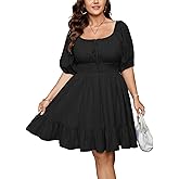 SCOMCHIC Women's Plus Size Summer Dresses Cotton Short Sleeve Square Neck Ruffle A-Line Flowy Party Short Milkmaid Dress